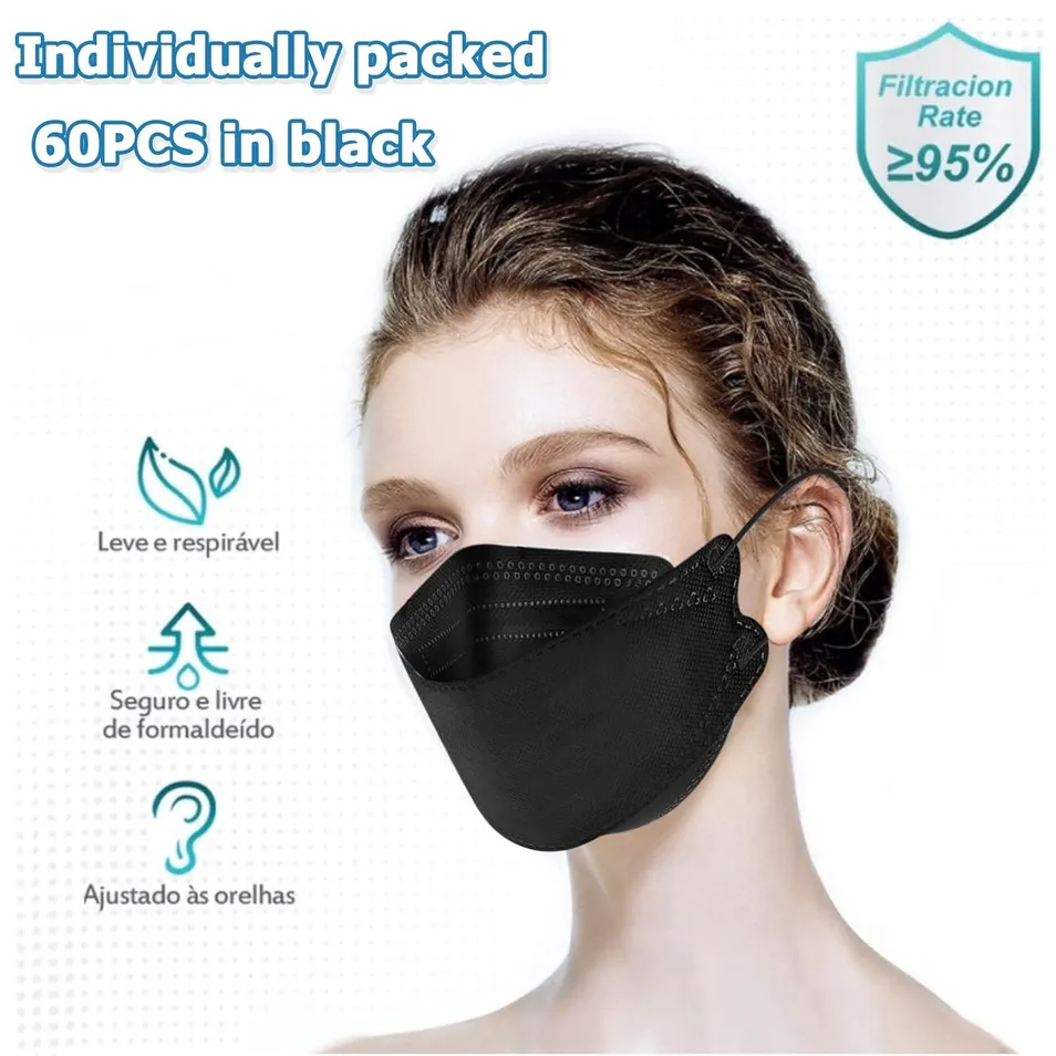 Disposable Kf94 Face Masks, Adult Black & White 3D Face Masks with Head-Loops