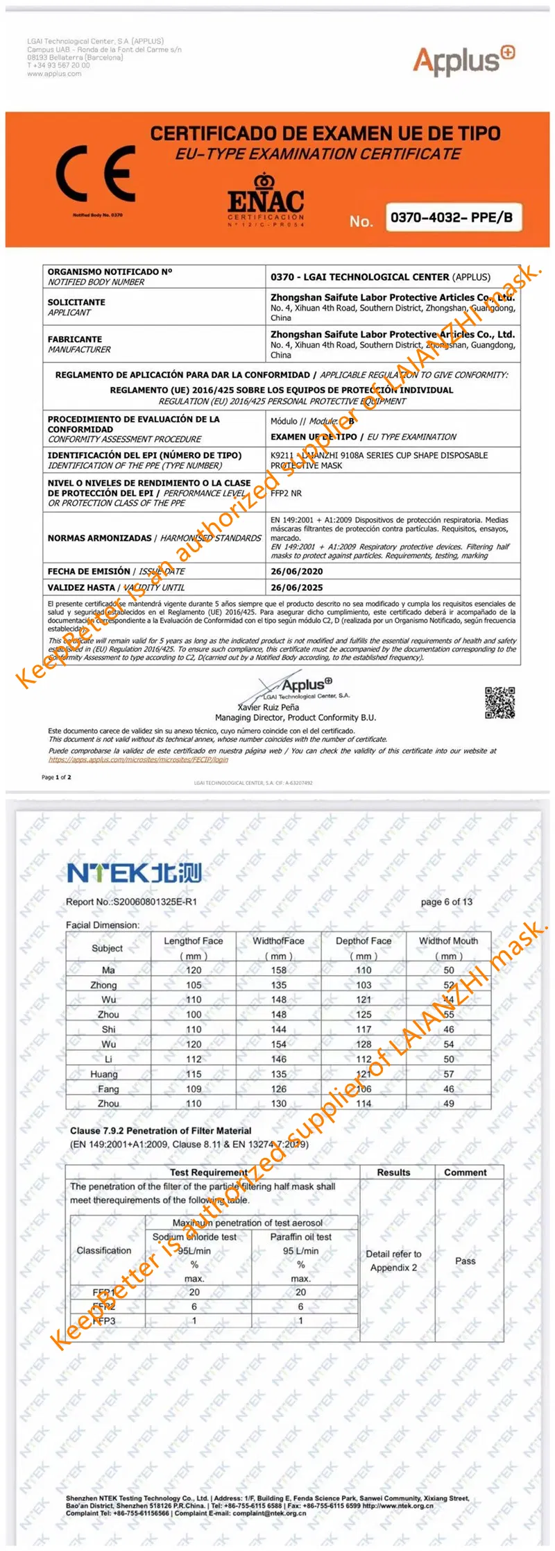 CE Certificate FFP2 Mask