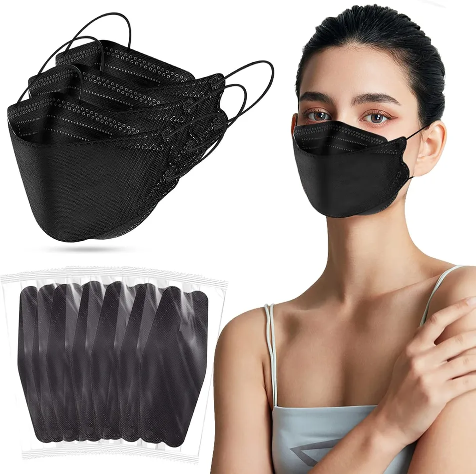 Disposable Kf94 Face Masks, Adult Black & White 3D Face Masks with Head-Loops