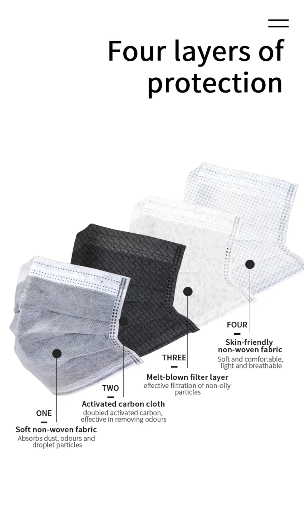 CE Disposable Non Woven Anti Air Pollution 4ply Active Activated Carbon Face Mask Details 4