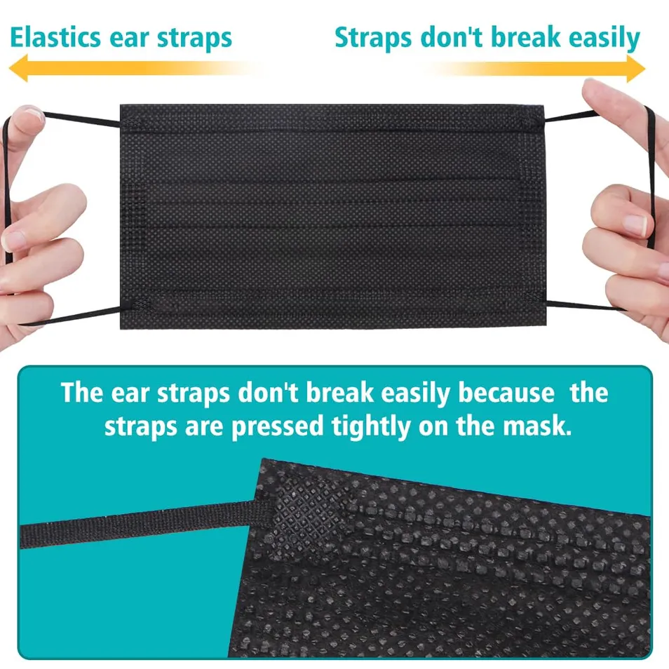 50-Pack Black Disposable 3-Ply Face Masks, Adult Protective Masks with Filter Layer, Breathable Non-Woven Masks for Daily Use