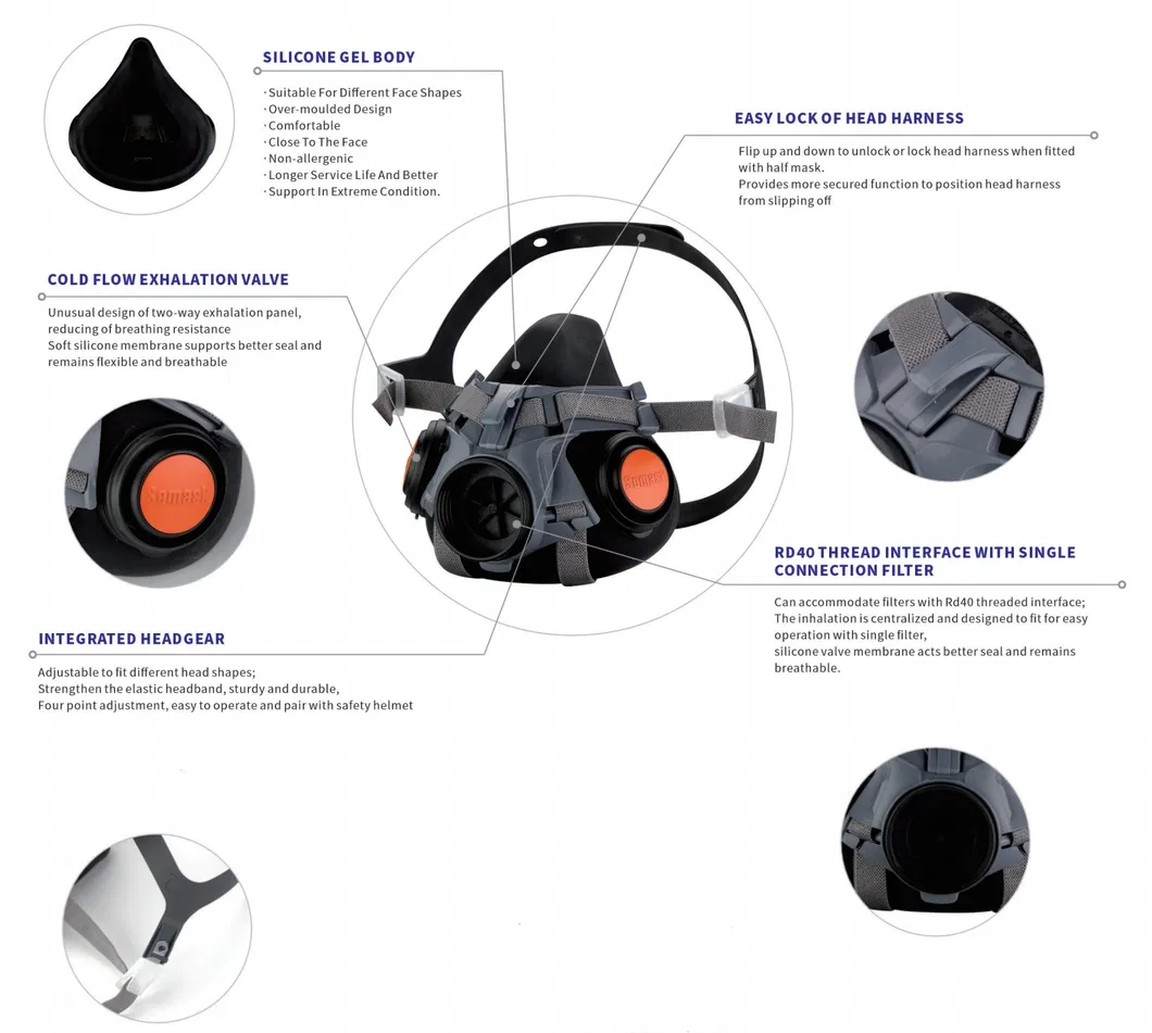 Industrial Reusable Silicone Adjustable Nose Clip Half Face Chemical Anti-Pollution Respirator Gas Mask