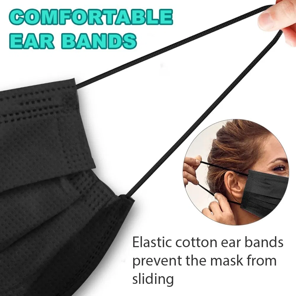 50-Pack Black Disposable 3-Ply Face Masks, Adult Protective Masks with Filter Layer, Breathable Non-Woven Masks for Daily Use