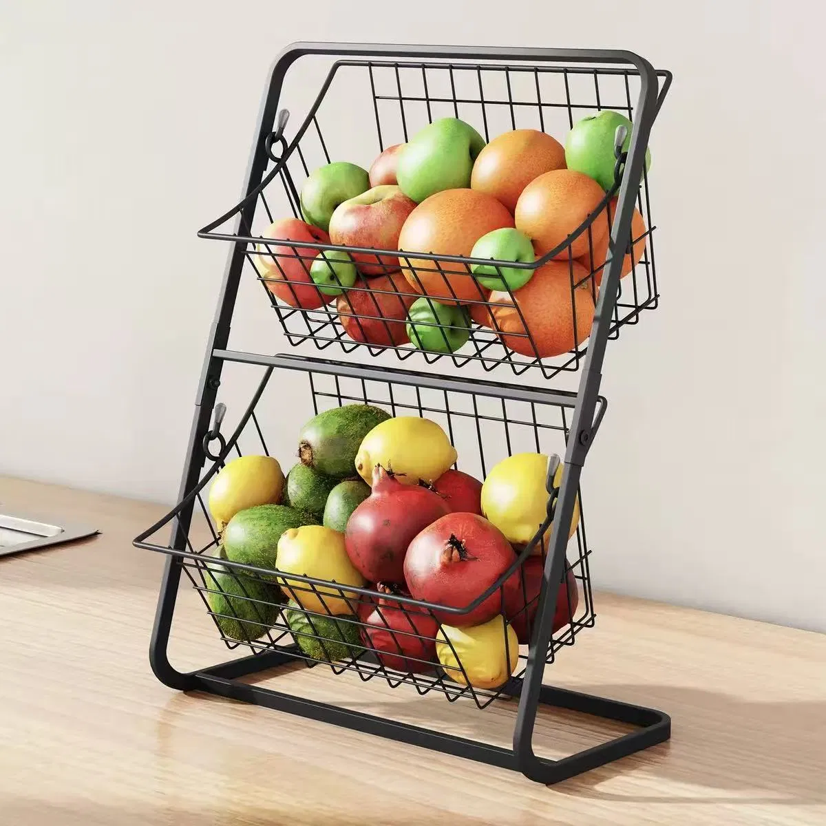 Wholesale Double-Layer Black Metal Fruit and Vegetable Display Stand Desktop Food Storage Rack