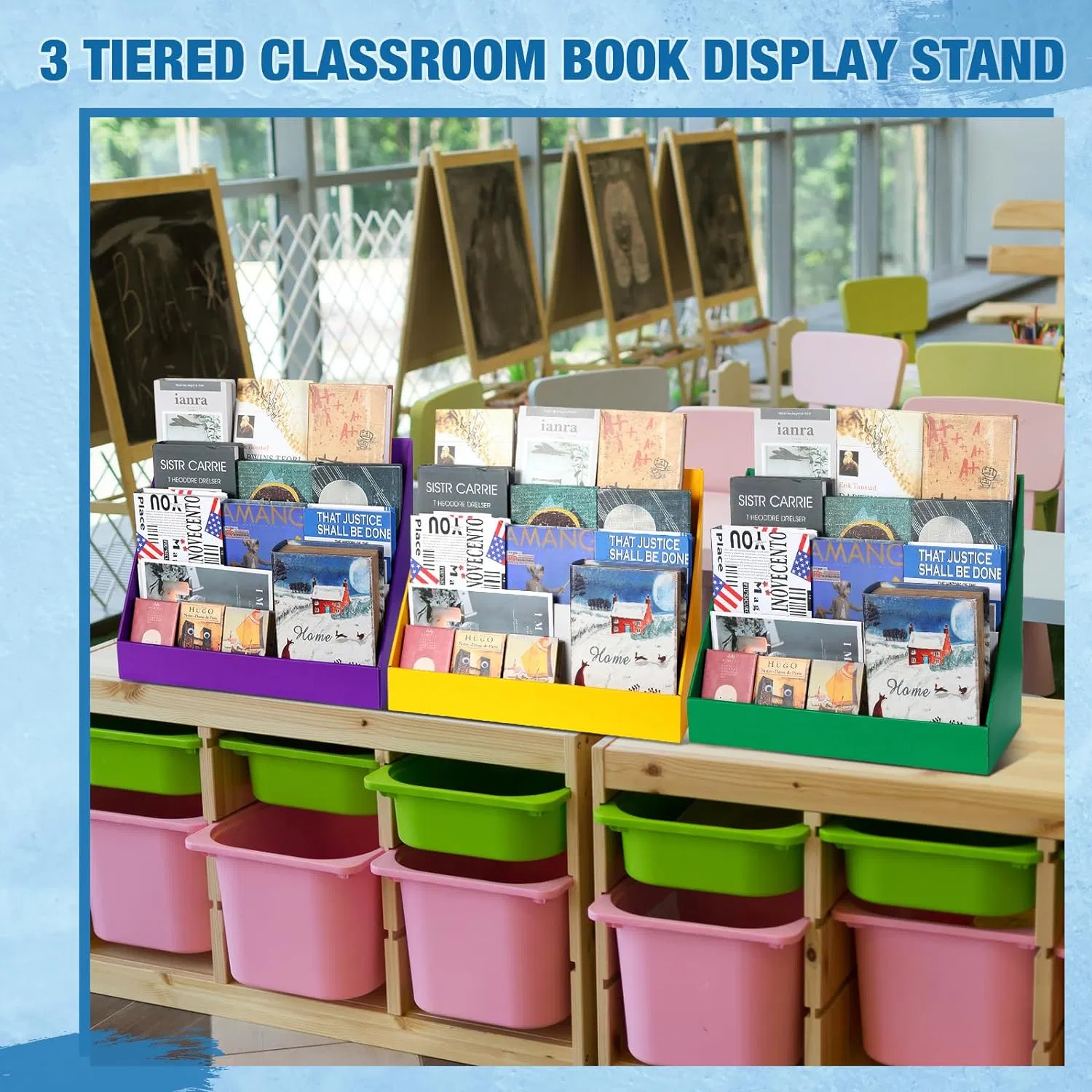 Cardboard Book Display Shelf 3 Tiered Classroom Book Display Stand Big Book Storage Card Rack for Book Greeting Card Display Bedroom Exhibition (Blue)