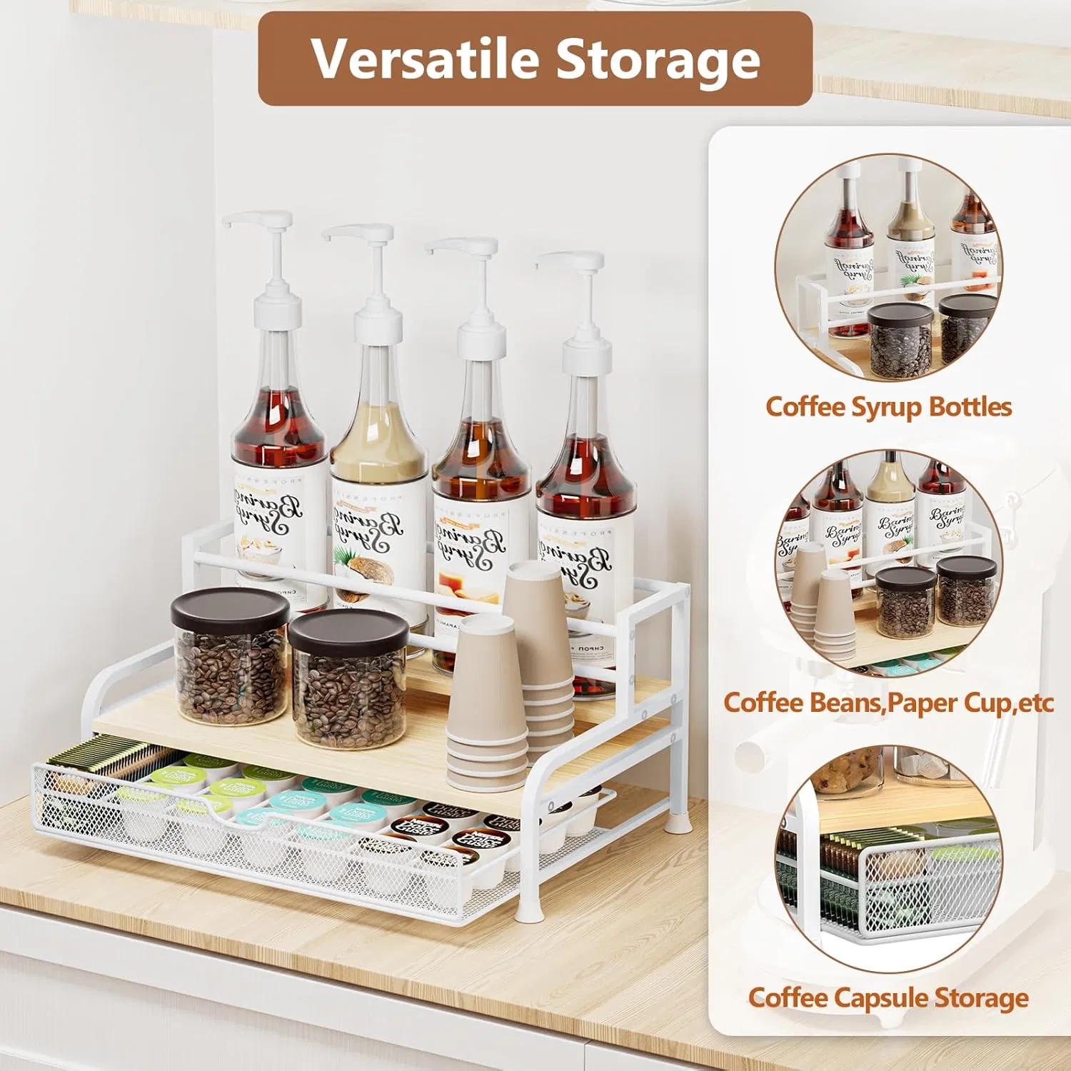 White 3-Tier 8 Bottles Coffee Syrup Rack Organizer
