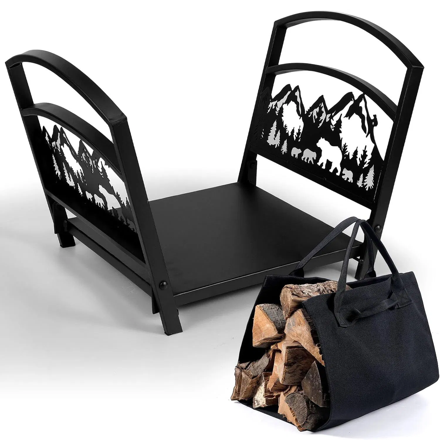 Indoor Cabin Folding Bear Heavy Duty Firewood Rack with Canvas Log Carrier