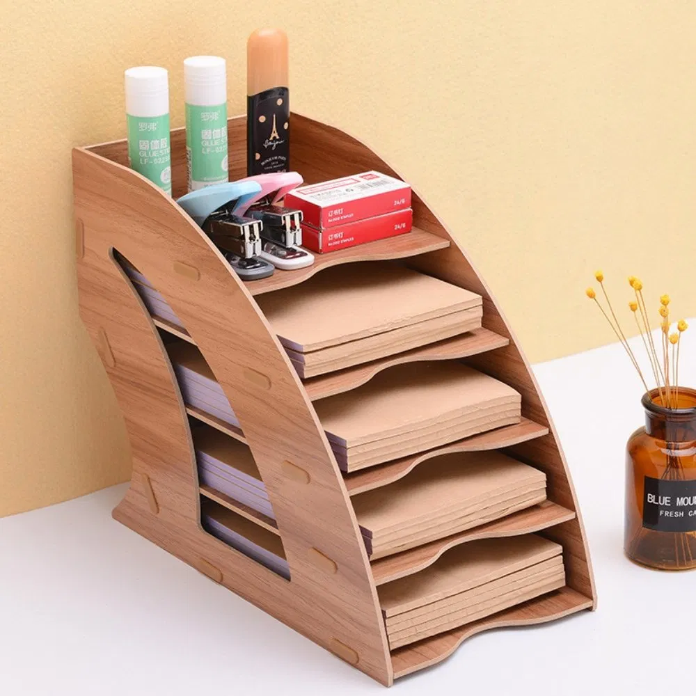 6 Layers Desktop File Sorter Rack Shelf Holder Wooden Desk Organizer Tray for Paper, Letter, Mail, Magazine and Document Bl23189