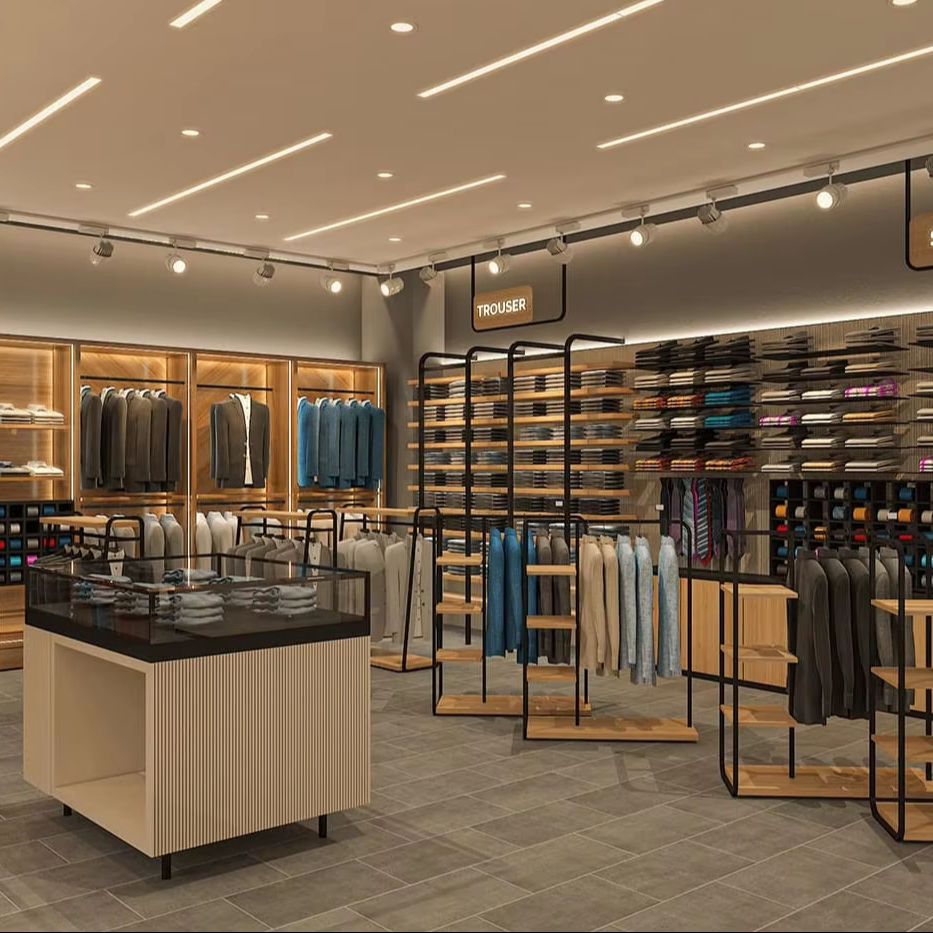 Design Custom Modern Wooden Women's Clothing Shop Display Racks Islands