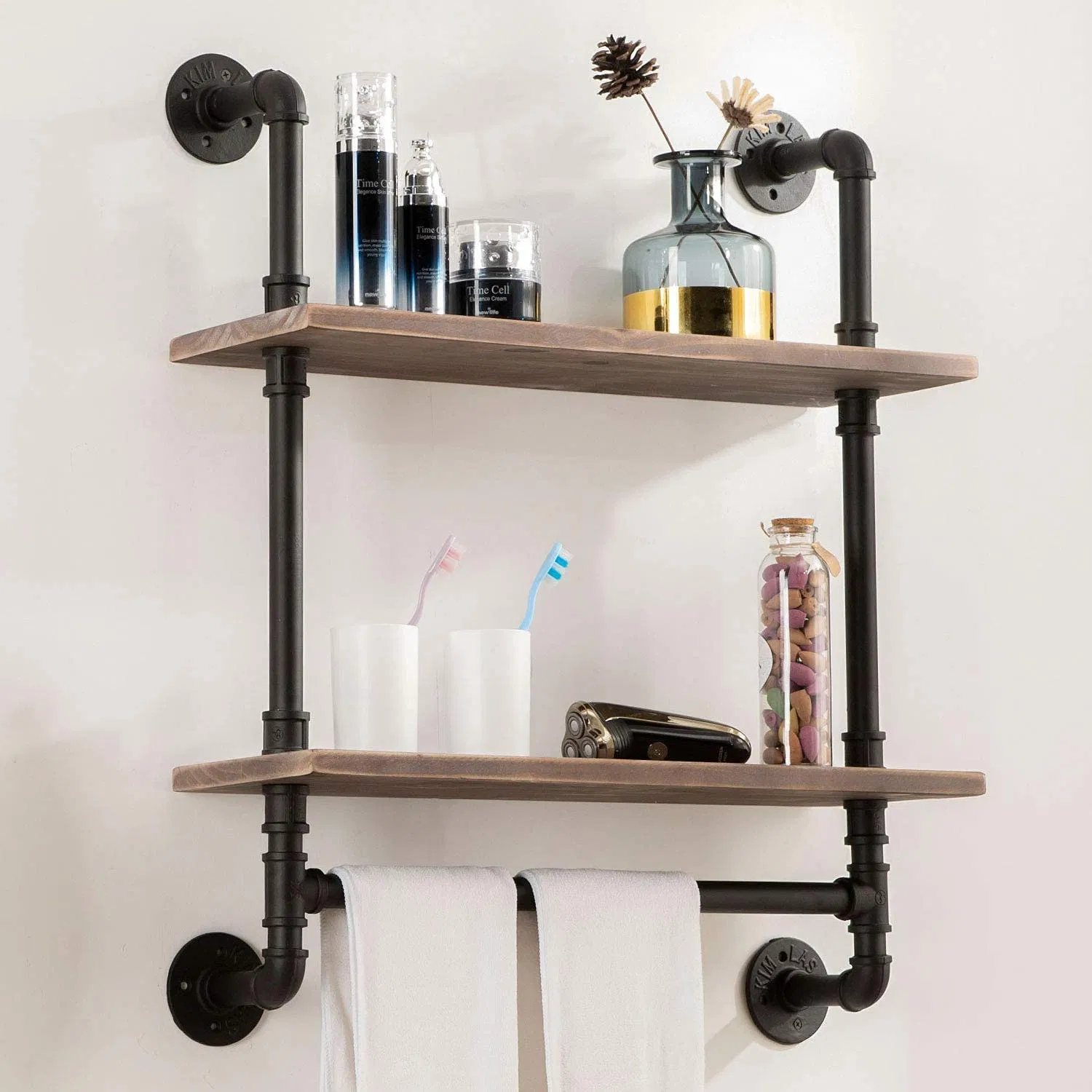 Industrial Towel Rack with Towel Bar, 19.6" Rustic Bathroom Shelves Wall Mounted, 2 Tiered Farmhouse Pipe Wall Shelf