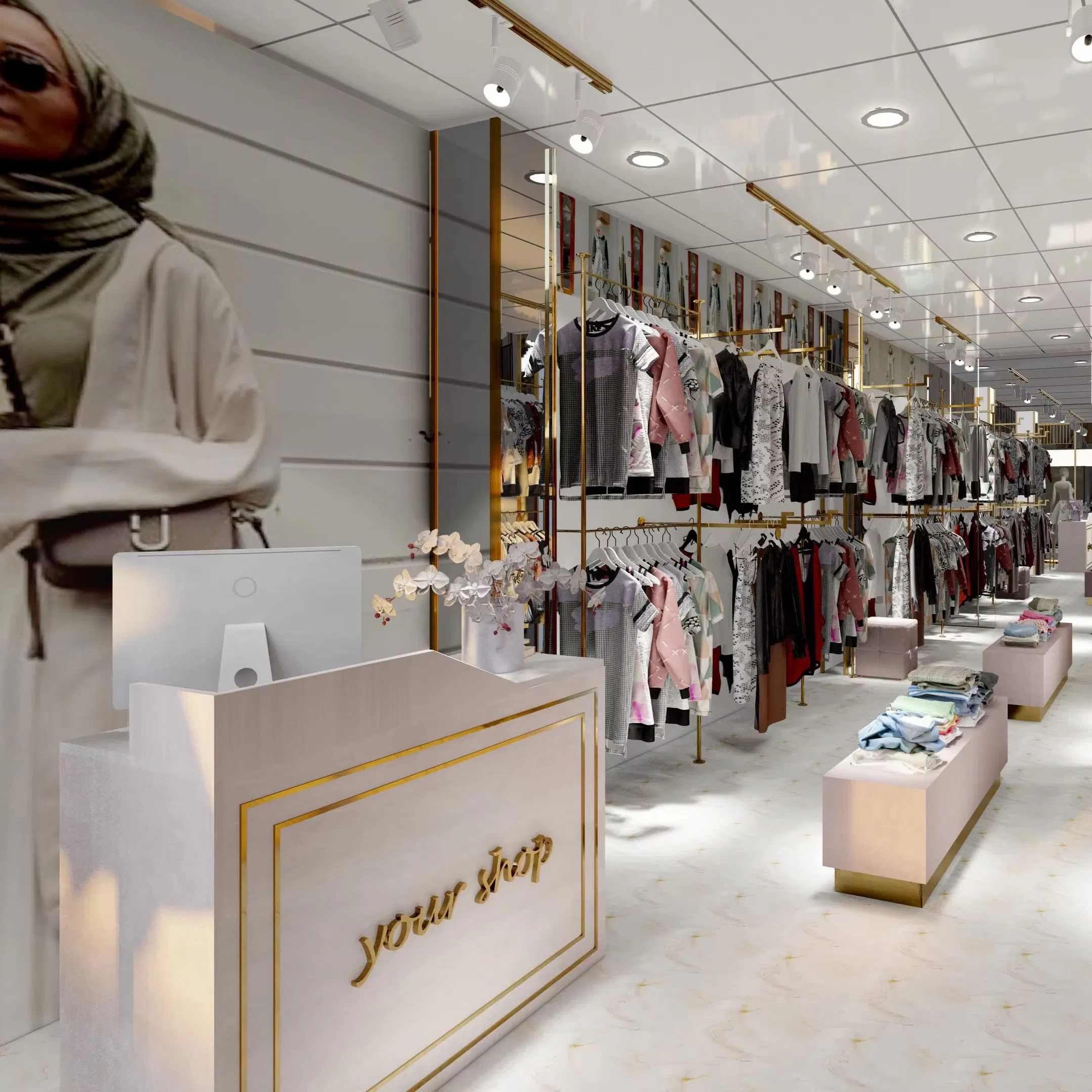 Design Custom Modern Minimalist Wooden Cloth Shop Display Rack Counter