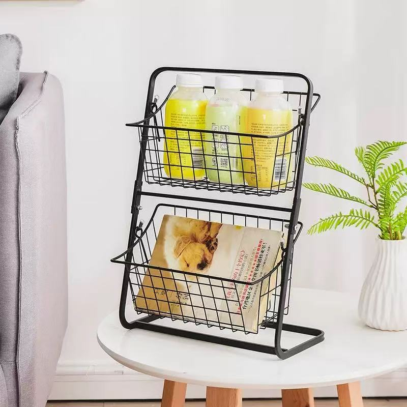 Wholesale Double-Layer Black Metal Fruit and Vegetable Display Stand Desktop Food Storage Rack