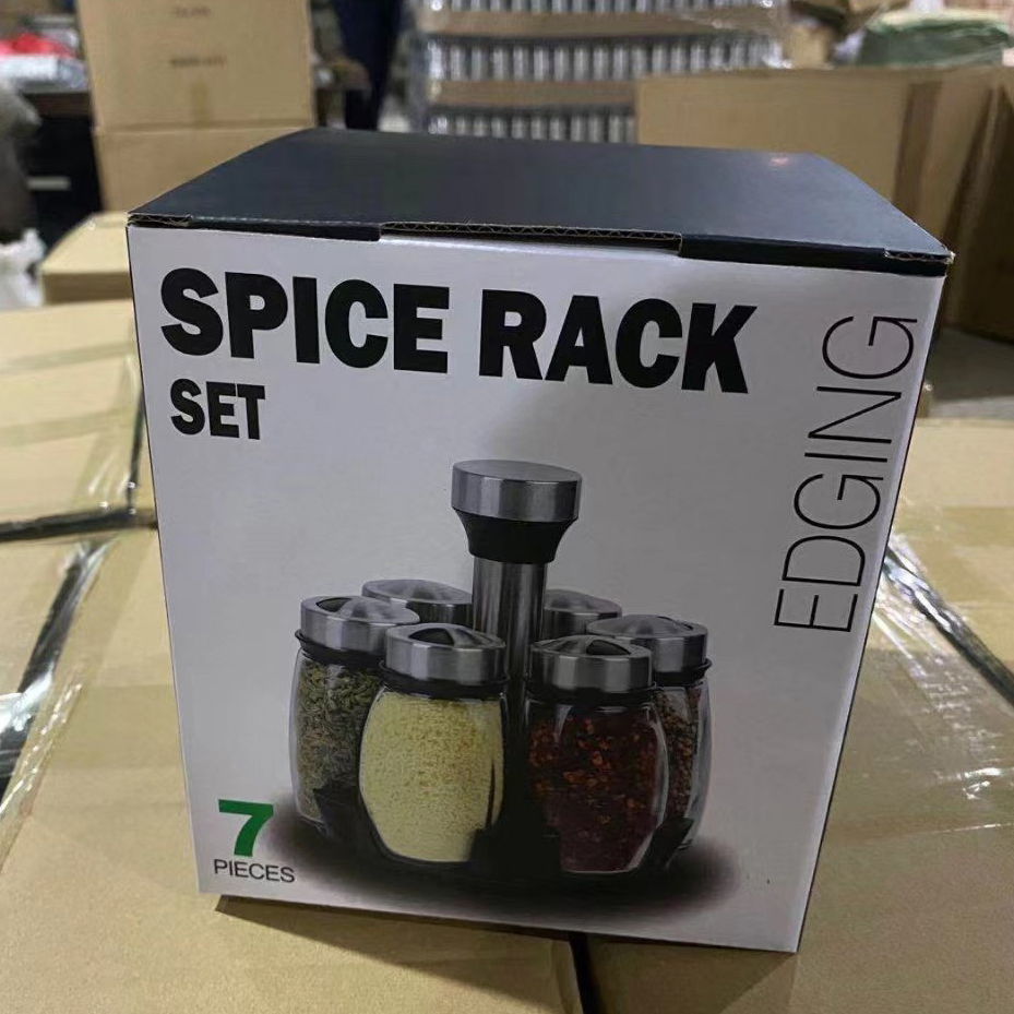 Modern Luxury 6PCS Seasoning Bottle Set Glass Jars Revolving Condiment Holder Stainless Steel Rotating Spice Rack for Kitchen Storage