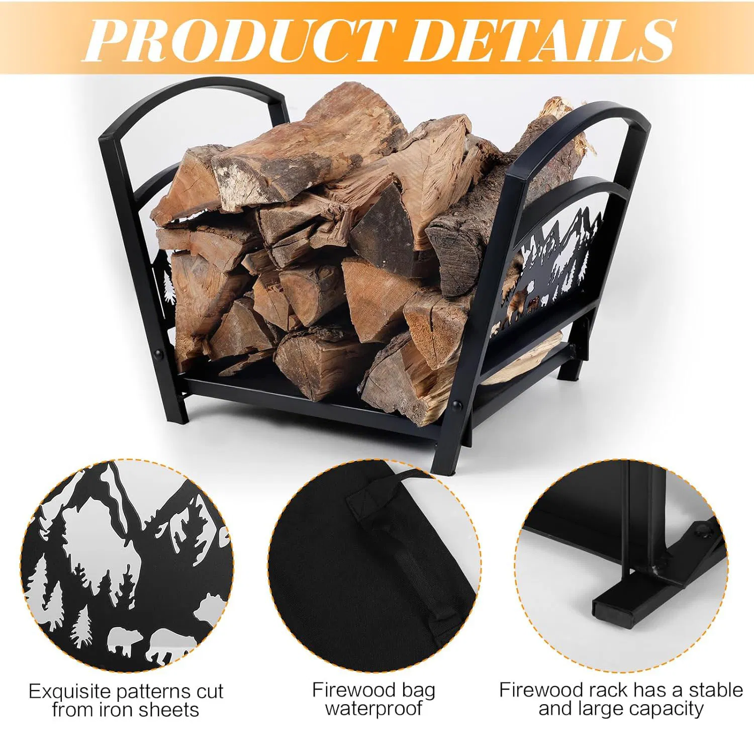 Indoor Cabin Folding Bear Heavy Duty Firewood Rack with Canvas Log Carrier