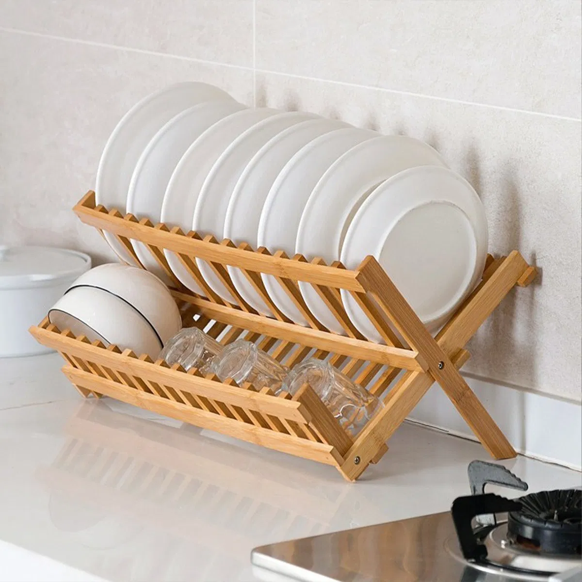 Stylish Bamboo Kitchen Stands Efficient Folding Two-Layer Cup Plate and Bowl Storage Draining Multi-Functional Home Use Rack Dish Rack Dish Rack Drainer Rack