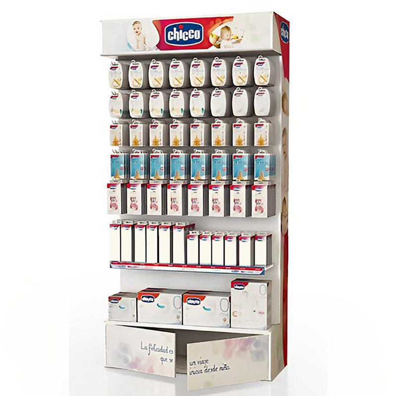 Custom Cardboard Nursery Product Floor Standing Baby Milk Bottle Diaper Display Rack Stand