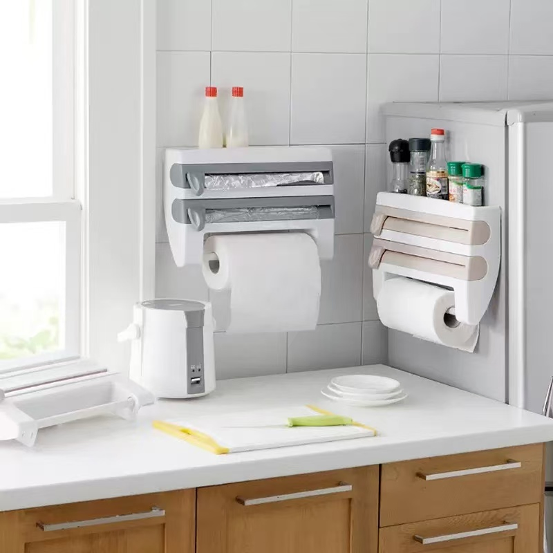 Kitchen Plastic Wrap Storage Rack with Cutter, Aluminum Foil Barbecue Paper Storage Rack, Paper Towel Rack, Towel Storage Rack