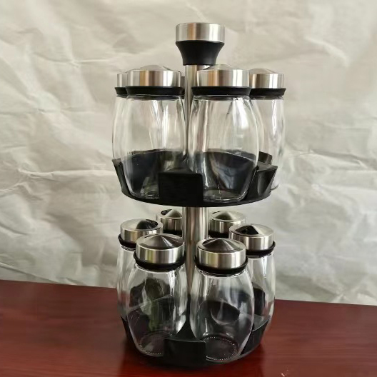 Modern Luxury 6PCS Seasoning Bottle Set Glass Jars Revolving Condiment Holder Stainless Steel Rotating Spice Rack for Kitchen Storage