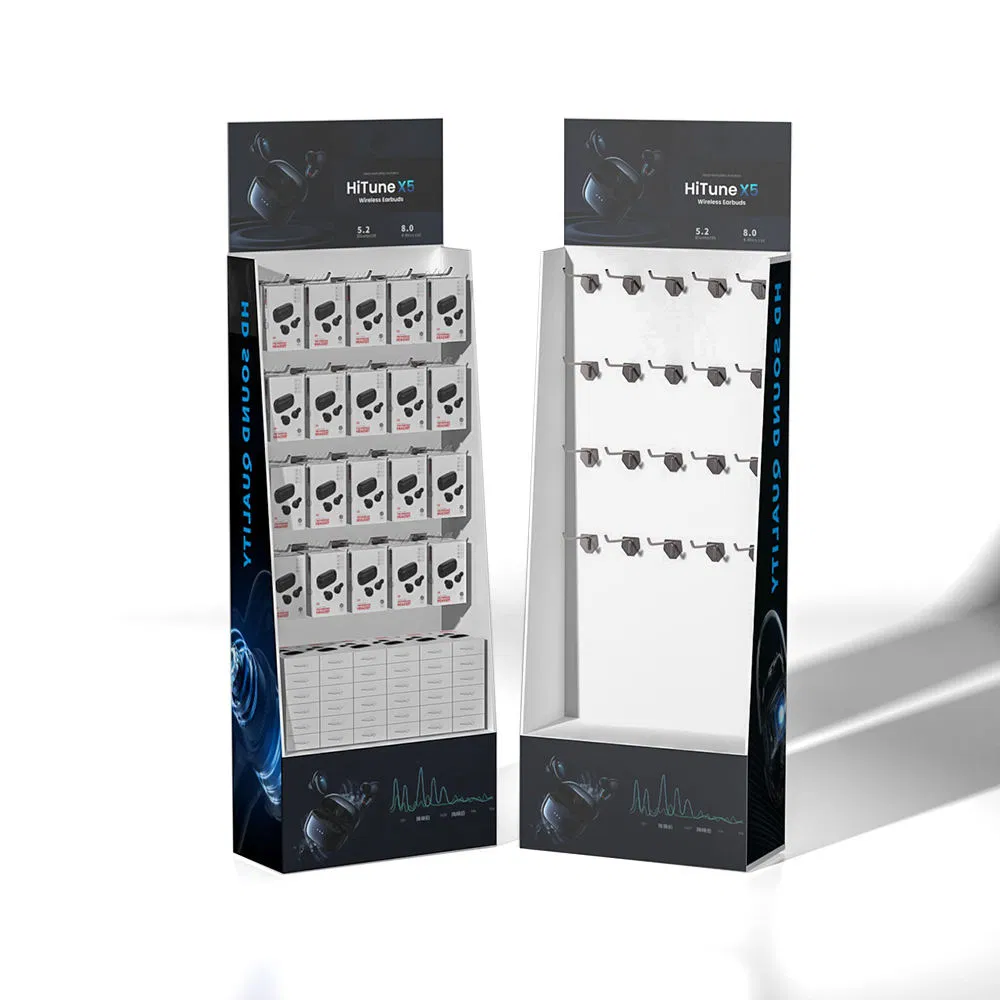 Mobile Phone Accessories with Hooks and Headphones in a Supermarket Corrugated Cardboard Display Rack