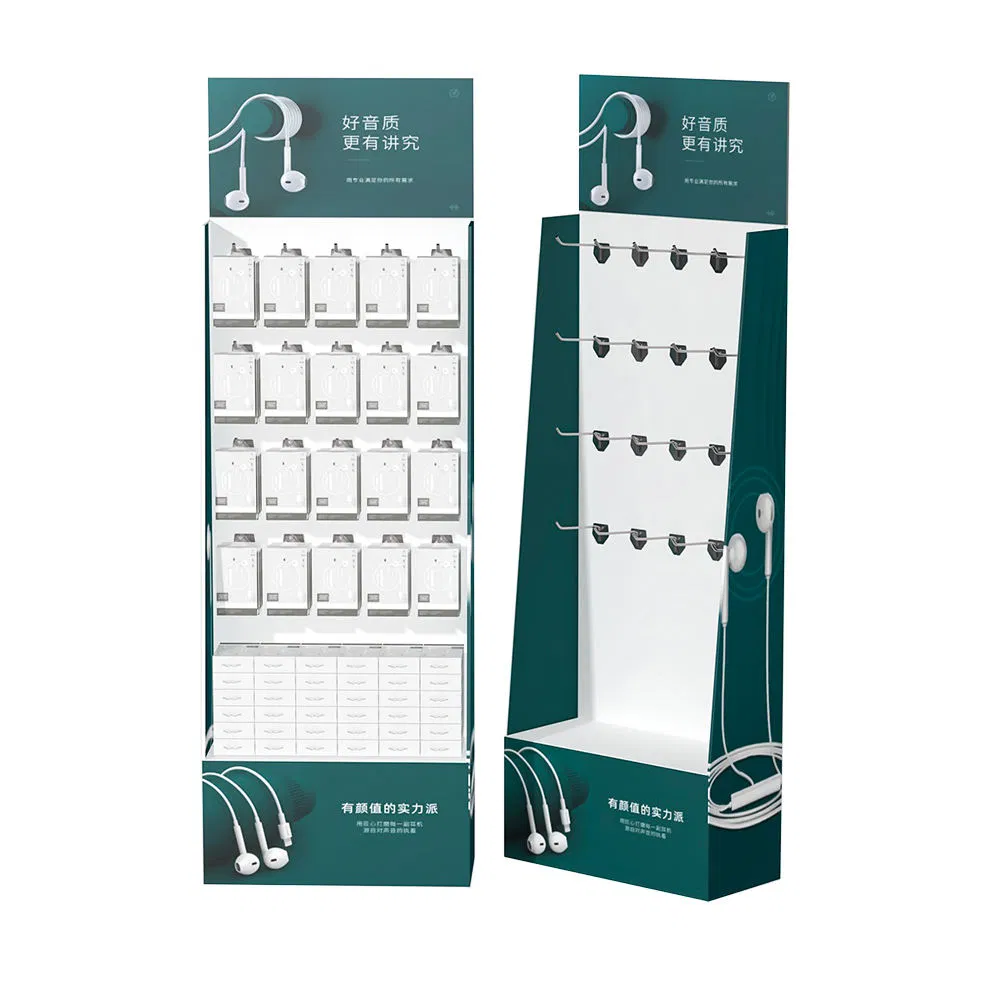 Mobile Phone Accessories with Hooks and Headphones in a Supermarket Corrugated Cardboard Display Rack