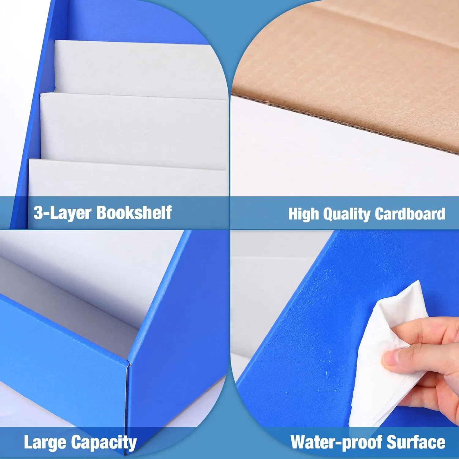 Cardboard Book Display Shelf 3 Tiered Classroom Book Display Stand Big Book Storage Card Rack for Book Greeting Card Display Bedroom Exhibition (Blue)