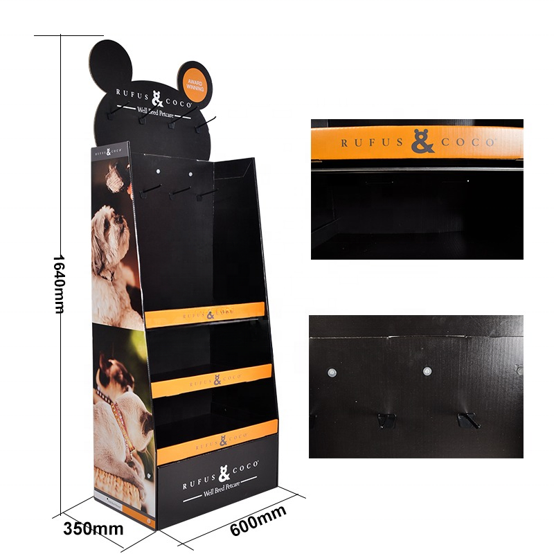 Customized Multiple Layers Corrugated Cardboard Pet Food Floor Display Rack with Hooks