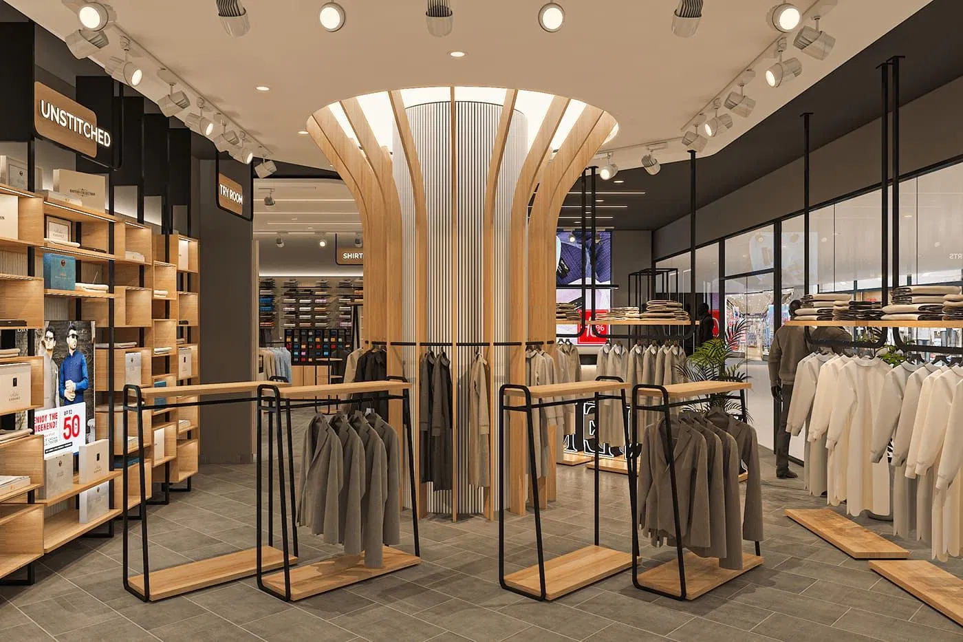 Design Custom Modern Wooden Women's Clothing Shop Display Racks Islands