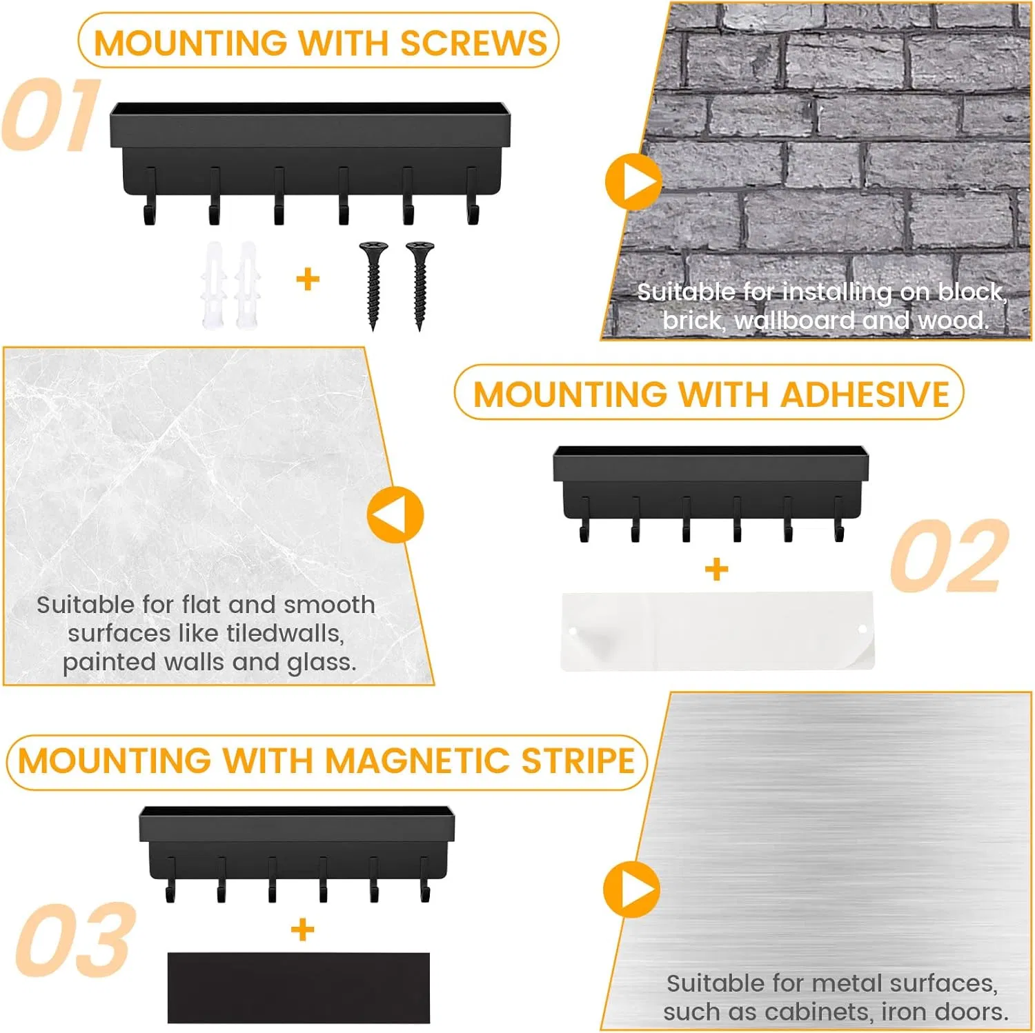 Wall Mounting Portable Organiser Metal Key Rack with Shelf and 6 Hooks