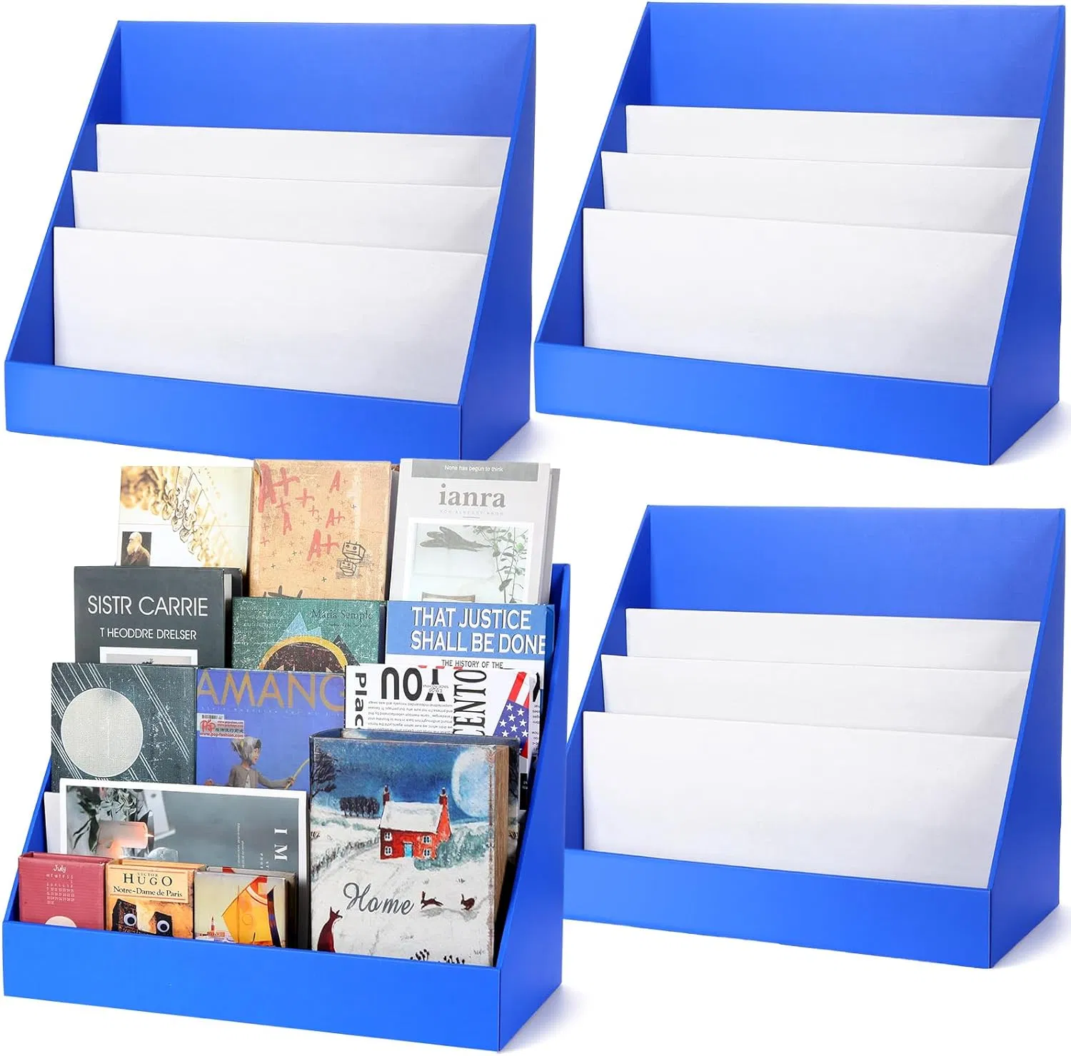 Cardboard Book Display Shelf 3 Tiered Classroom Book Display Stand Big Book Storage Card Rack for Book Greeting Card Display Bedroom Exhibition (Blue)