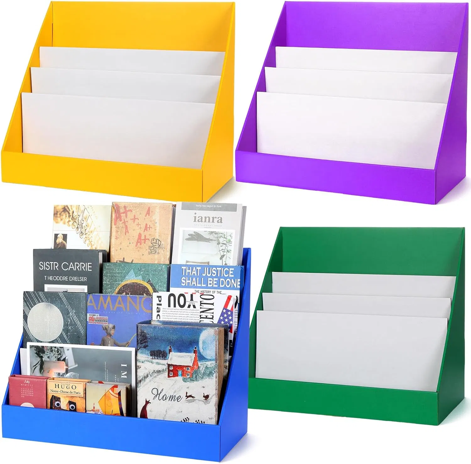 Cardboard Book Display Shelf 3 Tiered Classroom Book Display Stand Big Book Storage Card Rack for Book Greeting Card Display Bedroom Exhibition (Blue)