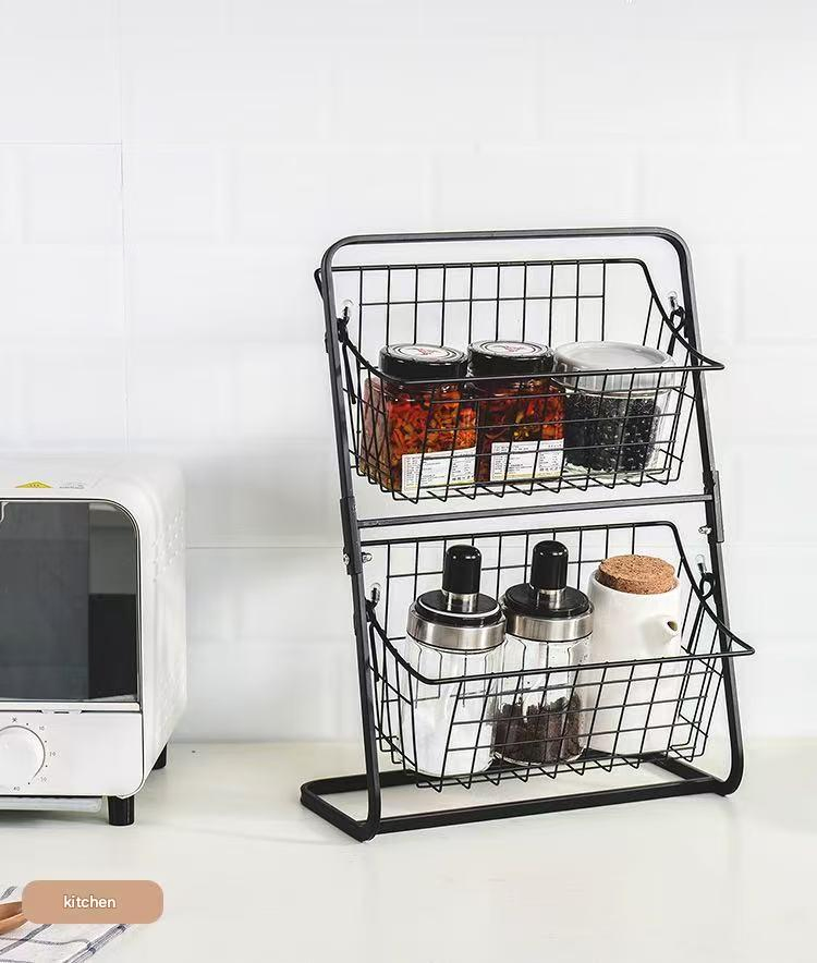 Wholesale Double-Layer Black Metal Fruit and Vegetable Display Stand Desktop Food Storage Rack
