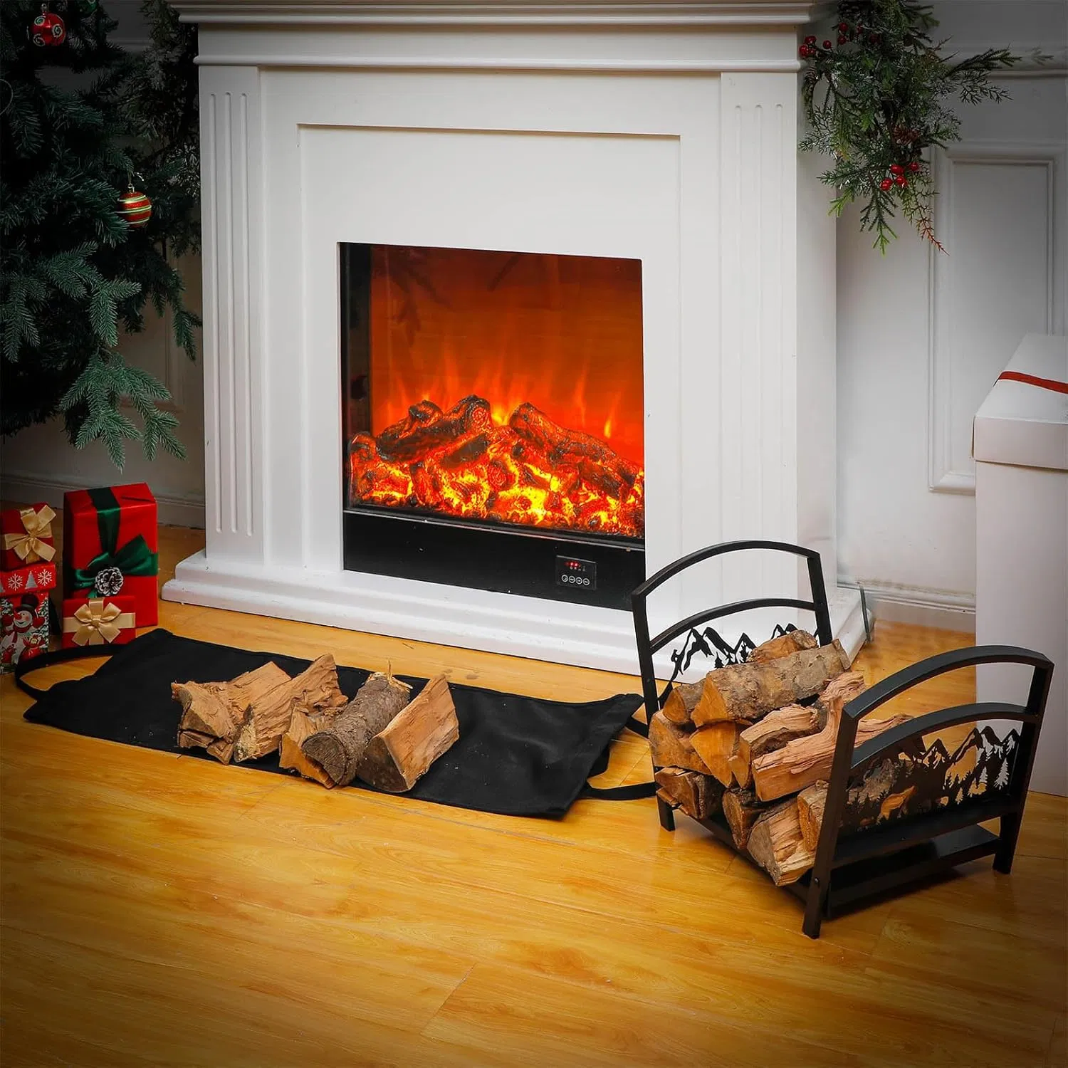 Indoor Cabin Folding Bear Heavy Duty Firewood Rack with Canvas Log Carrier