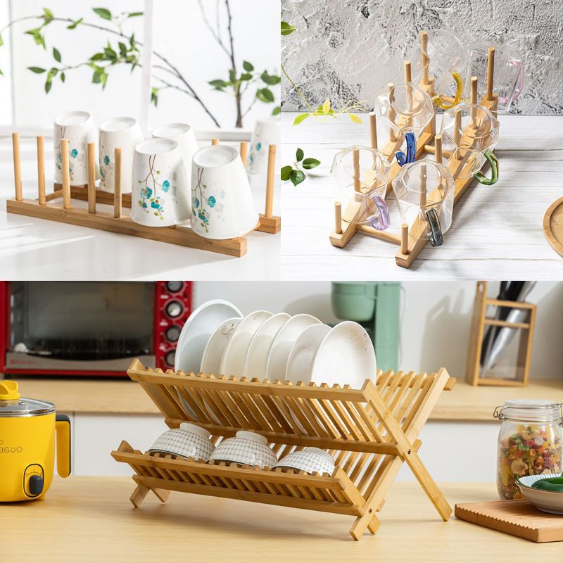 Stylish Bamboo Kitchen Stands Efficient Folding Two-Layer Cup Plate and Bowl Storage Draining Multi-Functional Home Use Rack Dish Rack Dish Rack Drainer Rack
