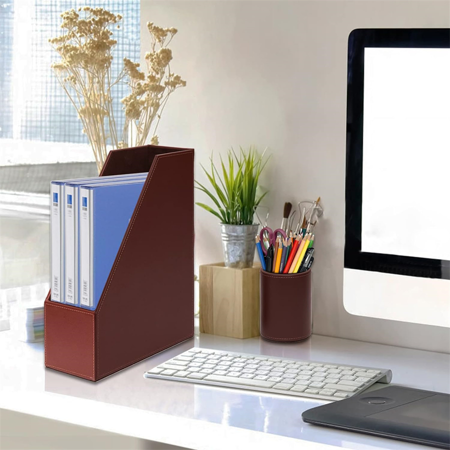 Desk Organizer Set Desktop Leather Writing Pad File Paper Tray Magazine Holder