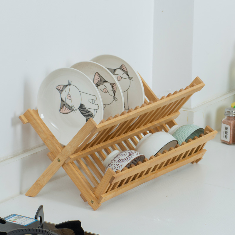 Stylish Bamboo Kitchen Stands Efficient Folding Two-Layer Cup Plate and Bowl Storage Draining Multi-Functional Home Use Rack Dish Rack Dish Rack Drainer Rack