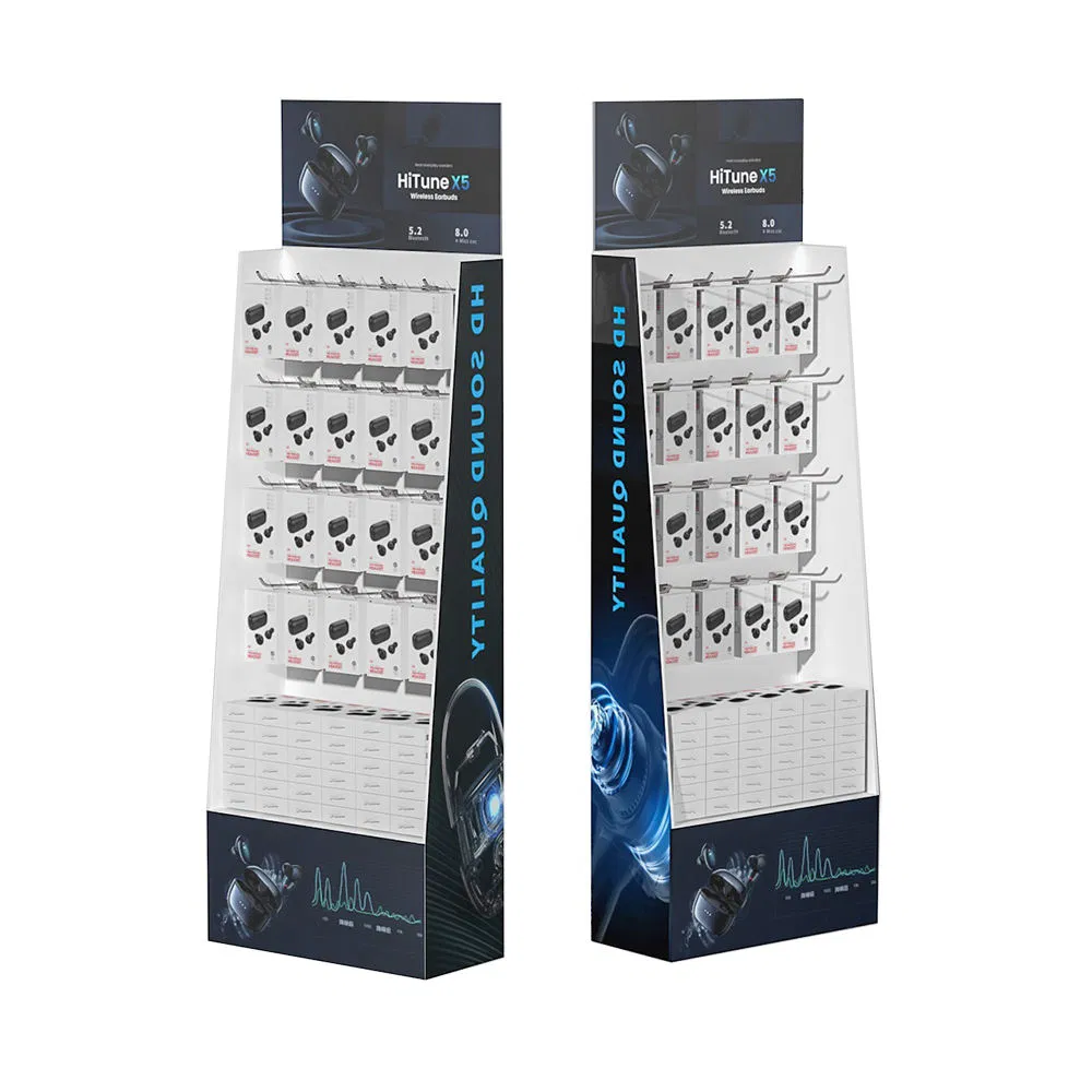 Mobile Phone Accessories with Hooks and Headphones in a Supermarket Corrugated Cardboard Display Rack