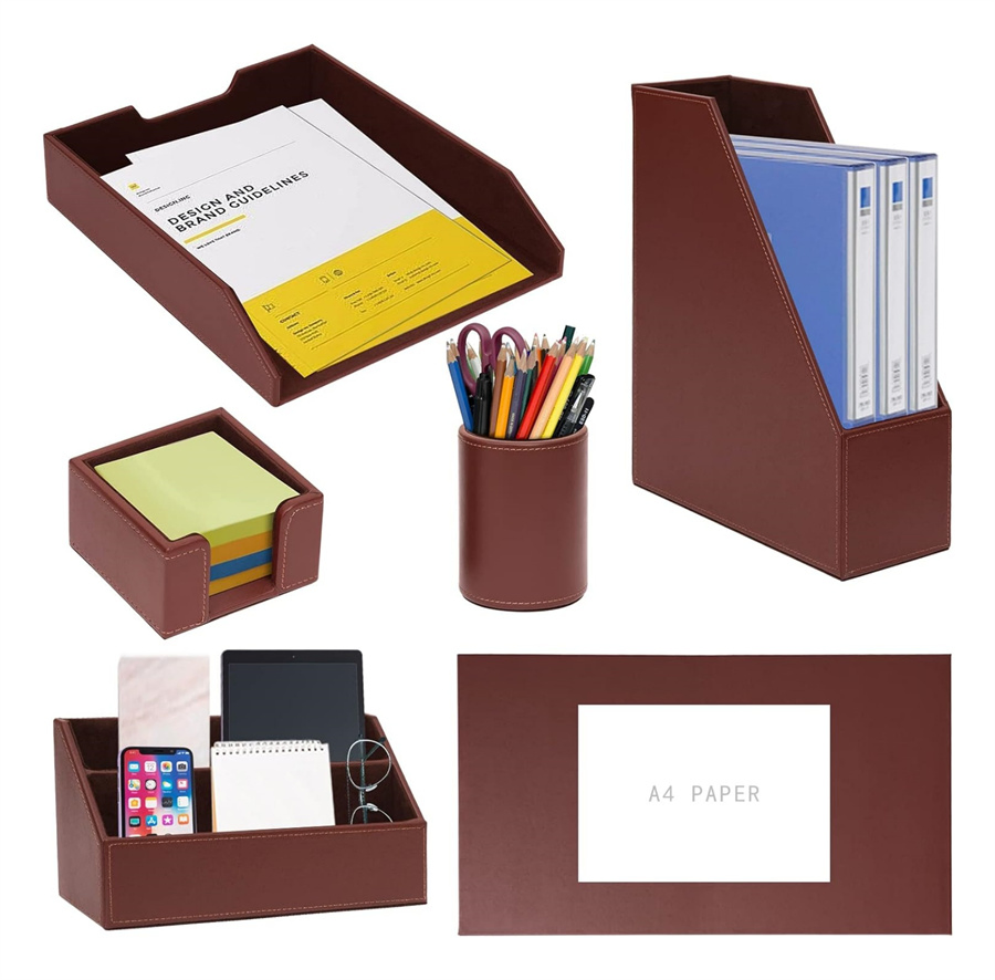 Desk Organizer Set Desktop Leather Writing Pad File Paper Tray Magazine Holder