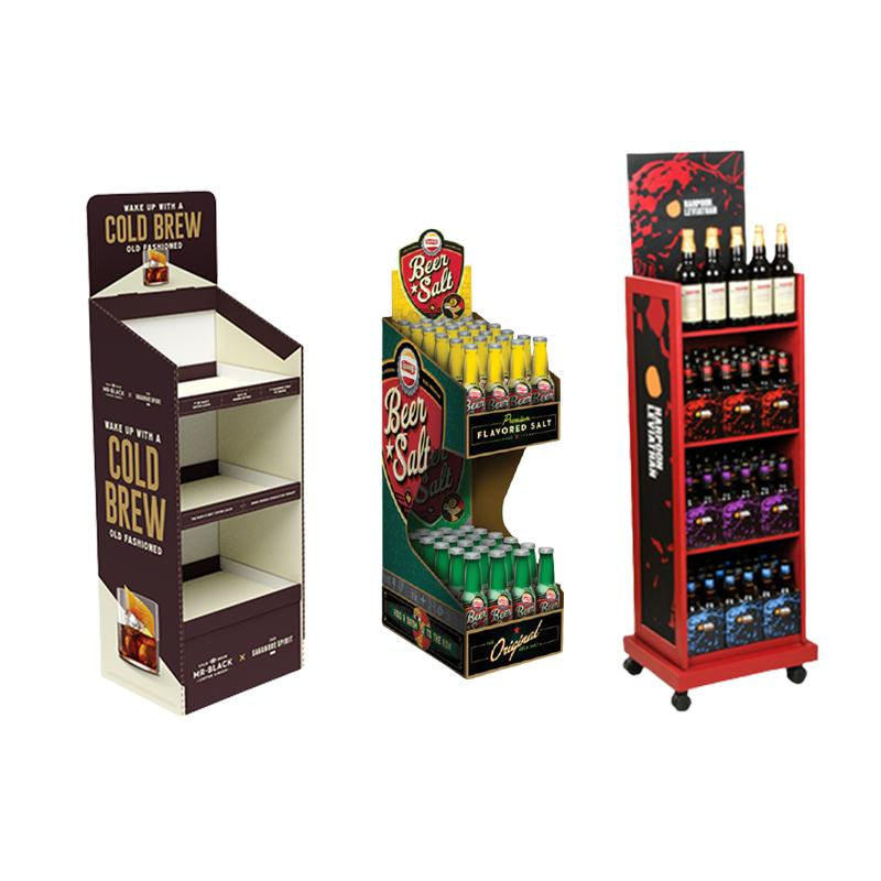 AI-MICH Custom Pop Supermarket Corrugated Promotion Tiered Floor Pegboard Beer Wine Bottle Display Rack