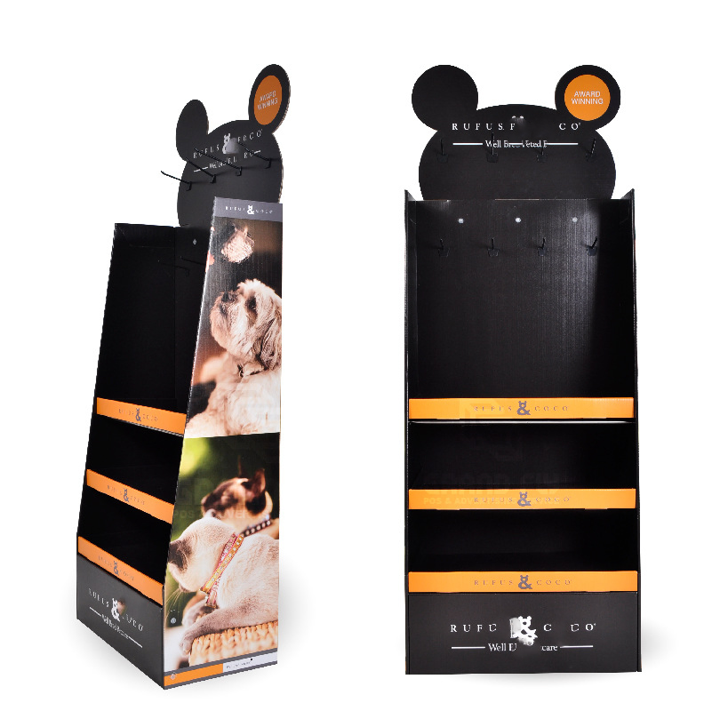 Pet Shop Retail Floor Standing Cardboard Hook Pop Display Rack Shelf Pet Supplies Cardboard Retail Display Stand
