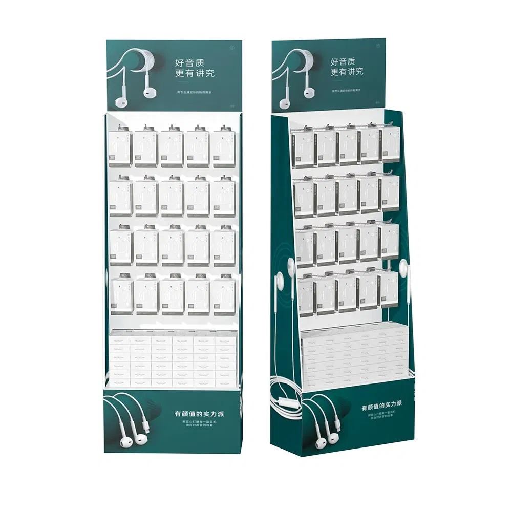 Mobile Phone Accessories with Hooks and Headphones in a Supermarket Corrugated Cardboard Display Rack