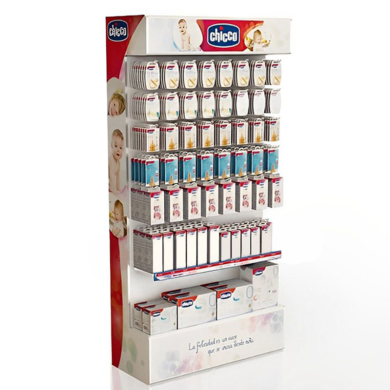 Custom Cardboard Nursery Product Floor Standing Baby Milk Bottle Diaper Display Rack Stand