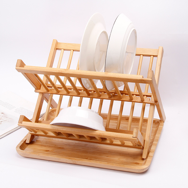 Stylish Bamboo Kitchen Stands Efficient Folding Two-Layer Cup Plate and Bowl Storage Draining Multi-Functional Home Use Rack Dish Rack Dish Rack Drainer Rack