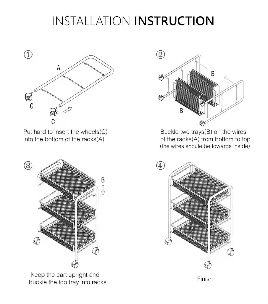 Factory Hot Sale Modern Black 3-Tier Rolling Cart with Wheels Storage Rack for Kitchen Organization