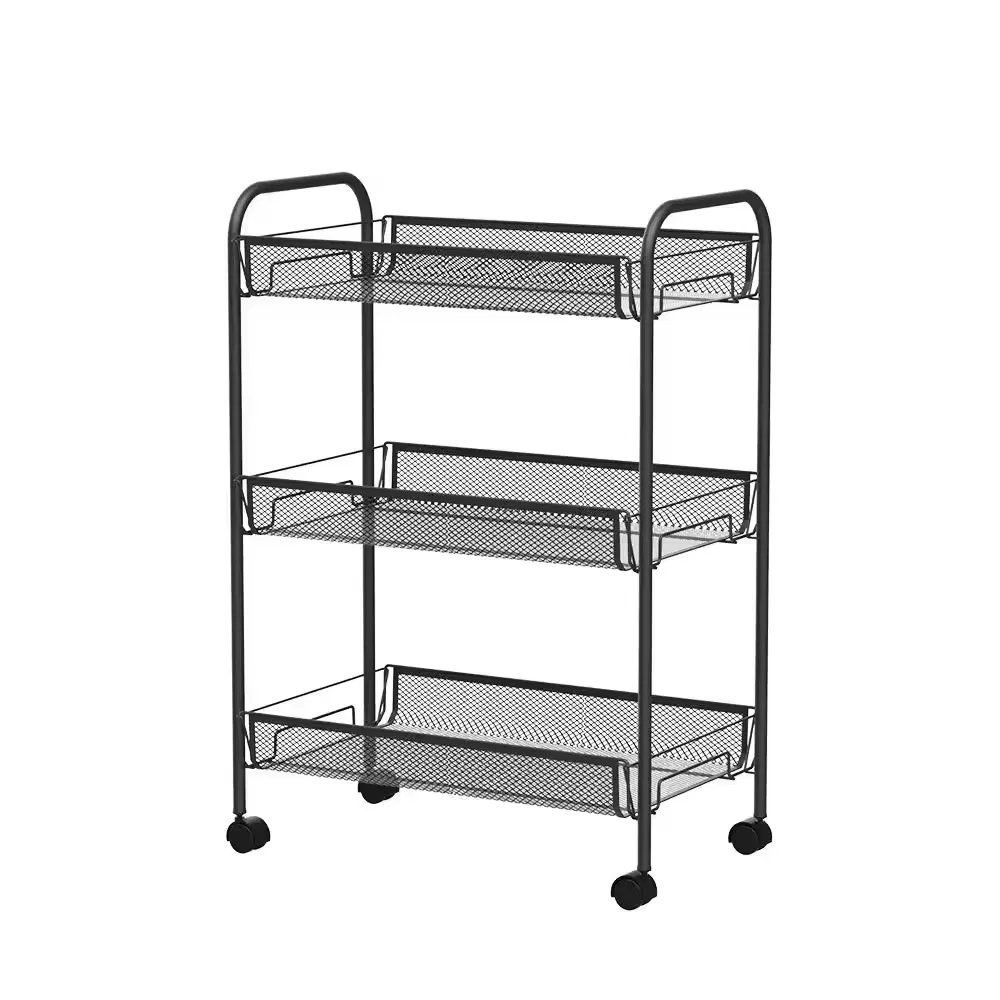 Factory Hot Sale Modern Black 3-Tier Rolling Cart with Wheels Storage Rack for Kitchen Organization