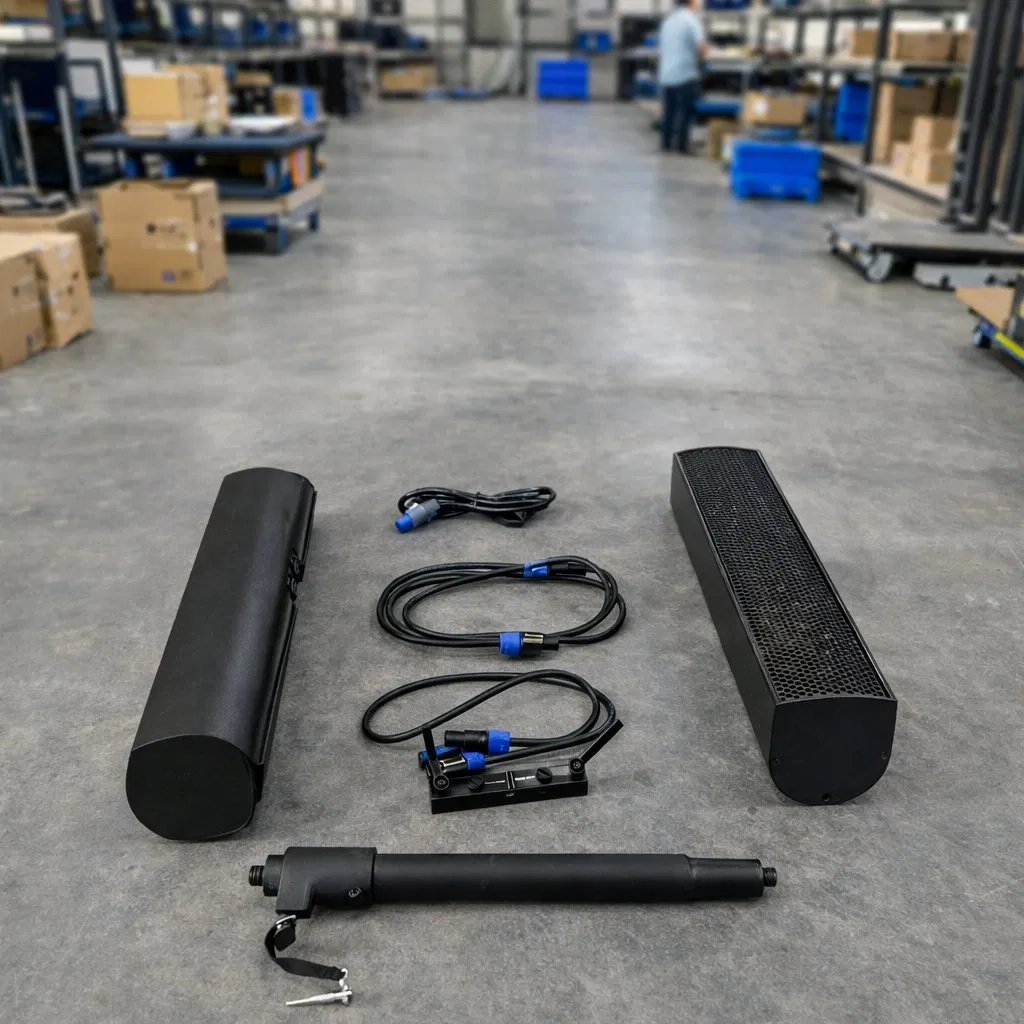 Compact Modular Line Array Sound System for High Output Professional Audio Applications with Wide Dispersion and DSP Control