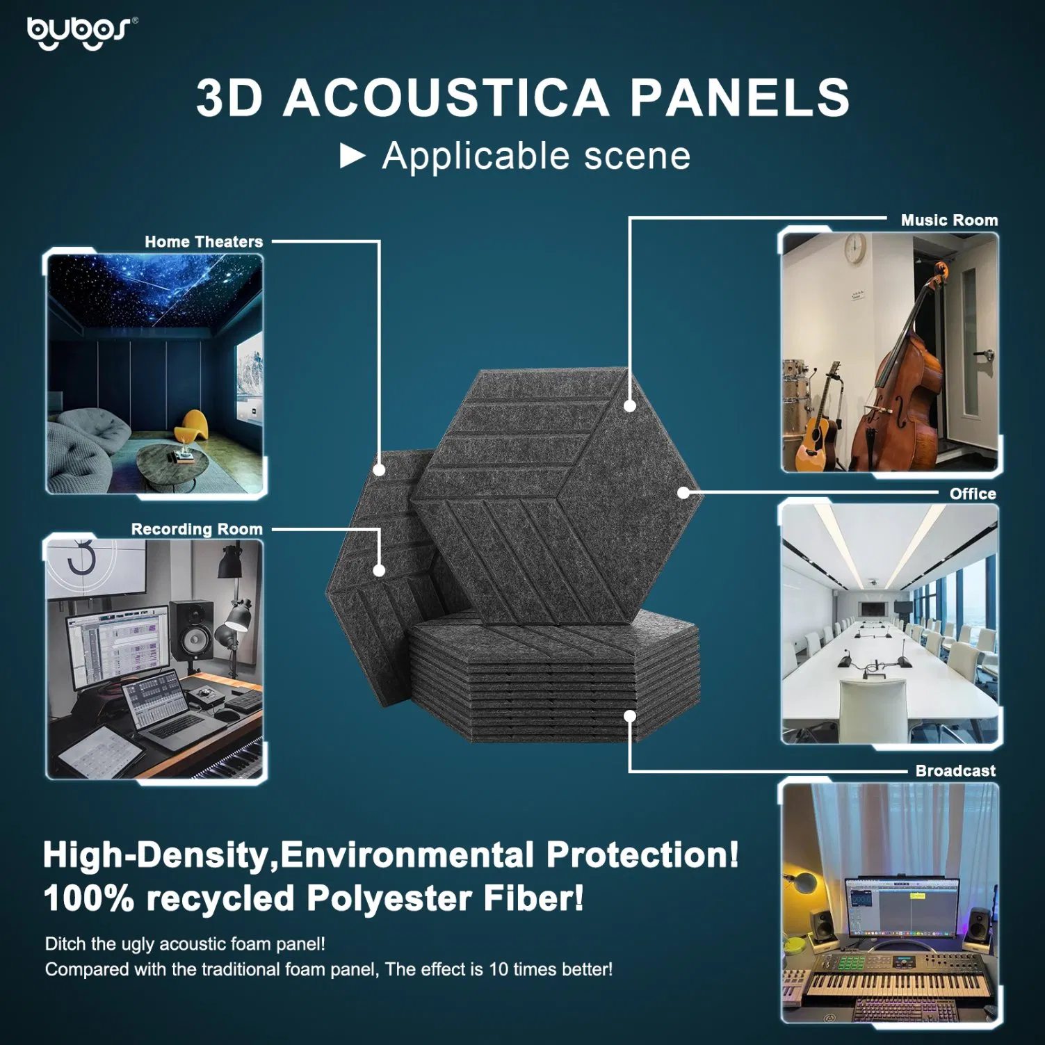 Bubos Eco Friendly Soundproof Polyester Fiber Carved Acoustic Panels 3D Hexagon Panel