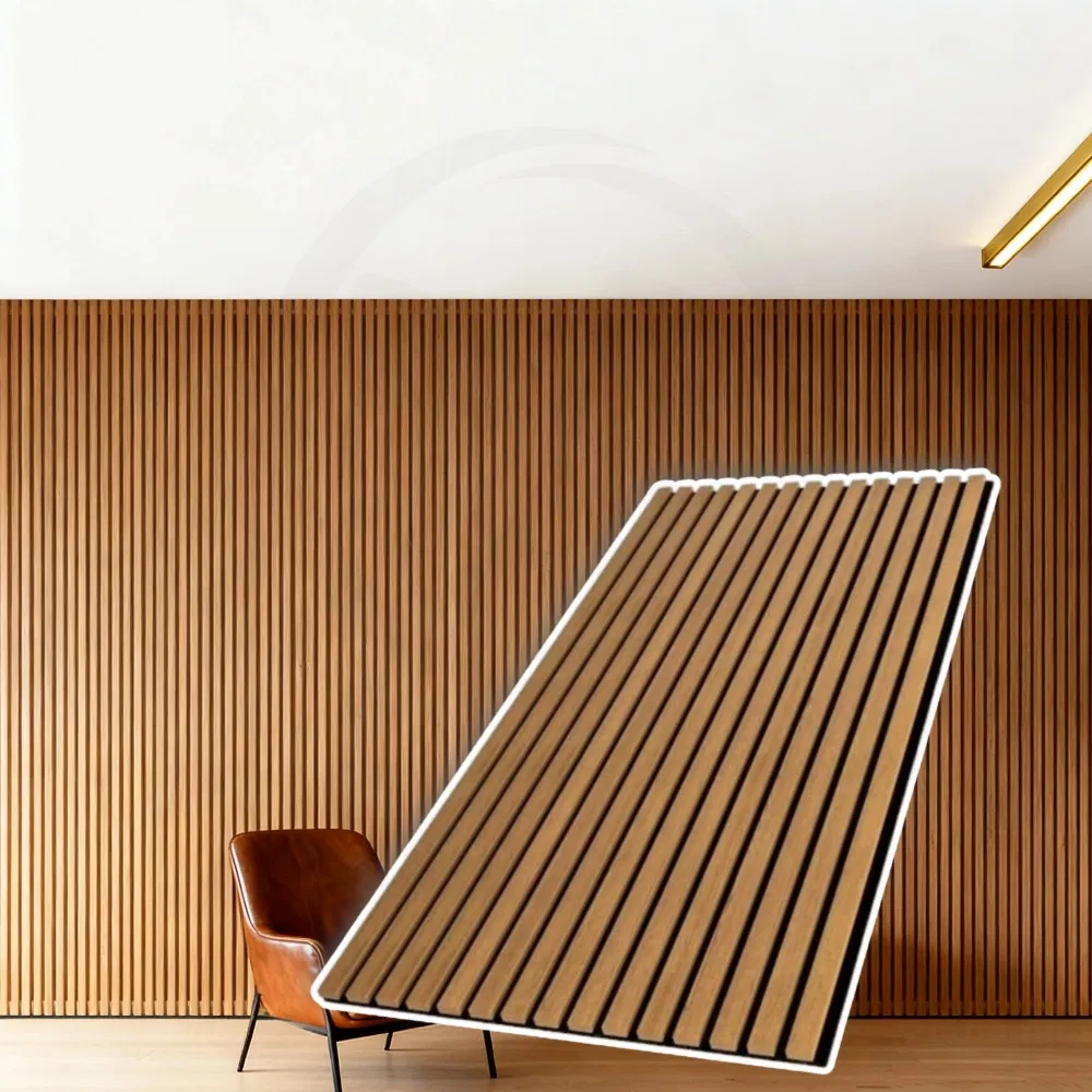 Dark Oak Veneer Akupanel Wooden Slats Wall Diffuser Portable Soundproofing Acoustic Slat Panel