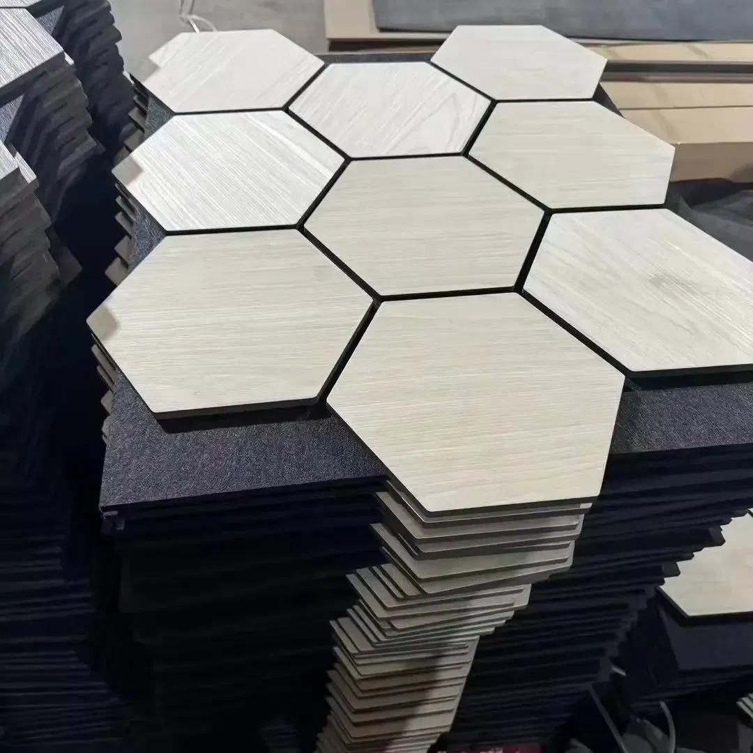 Wholesale Polyester Fiber MDF Slat Wood Veneer 3D Soundproof Hexagon Acoustic Wall Panels for Interior Decoration