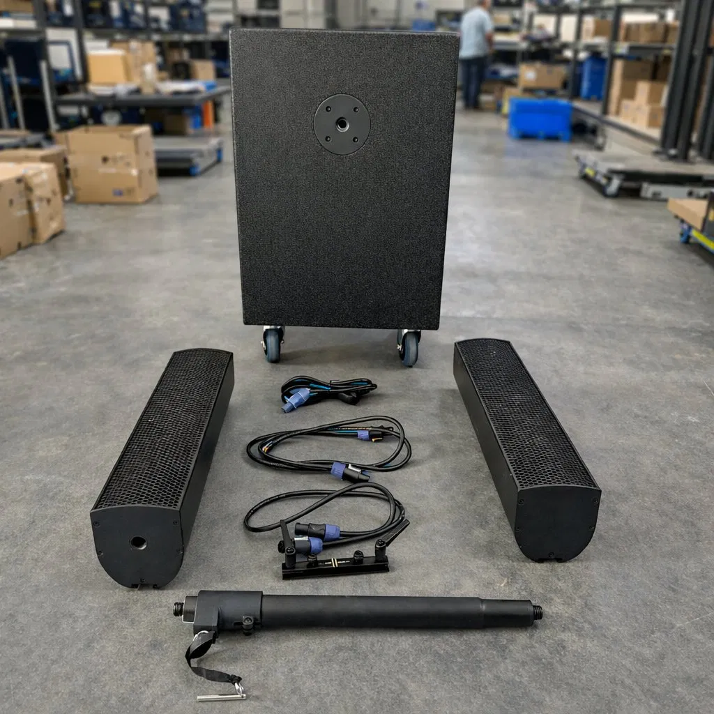 Compact Modular Line Array Sound System for High Output Professional Audio Applications with Wide Dispersion and DSP Control