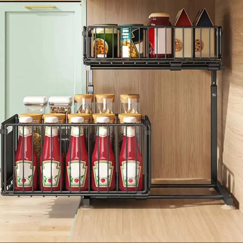 Cheap Adjustable 2-Tier Metal Kitchen Storage Rack Pull-Out Under Sink Basket Holder Manufacturers, Suppliers